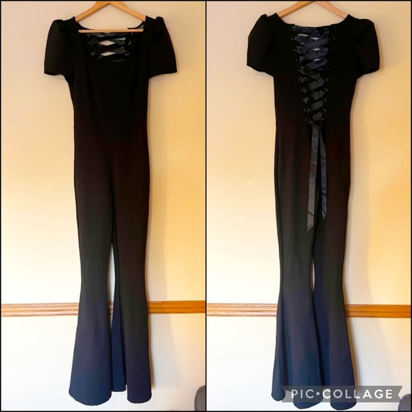 DK Widow Black Corset Lace-up Bell Bottom Jumpsuit Catsuit Romper Playsuit - Picture 5 of 9